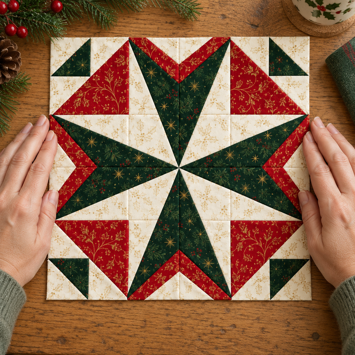 Hands gently smoothing the Holly Starlight Christmas quilt block on a wooden sewing table; AI-generated styling illustration