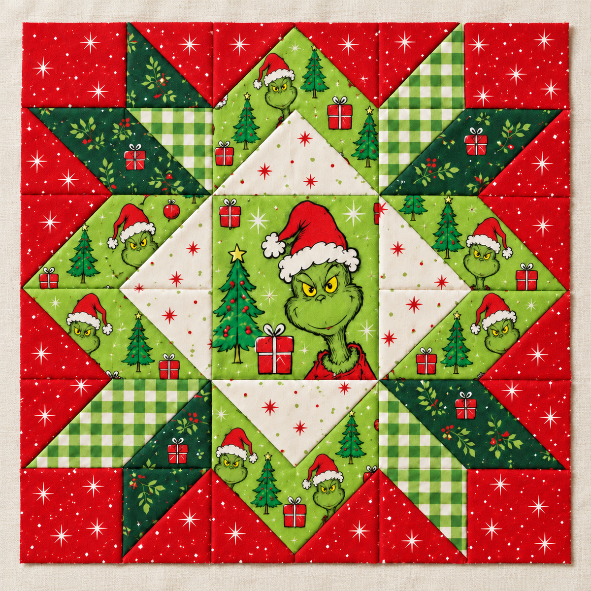 Jolly Mischief Christmas Star quilt block in red, lime green and ivory fabrics, studio view. AI-generated fabric-styling illustration.