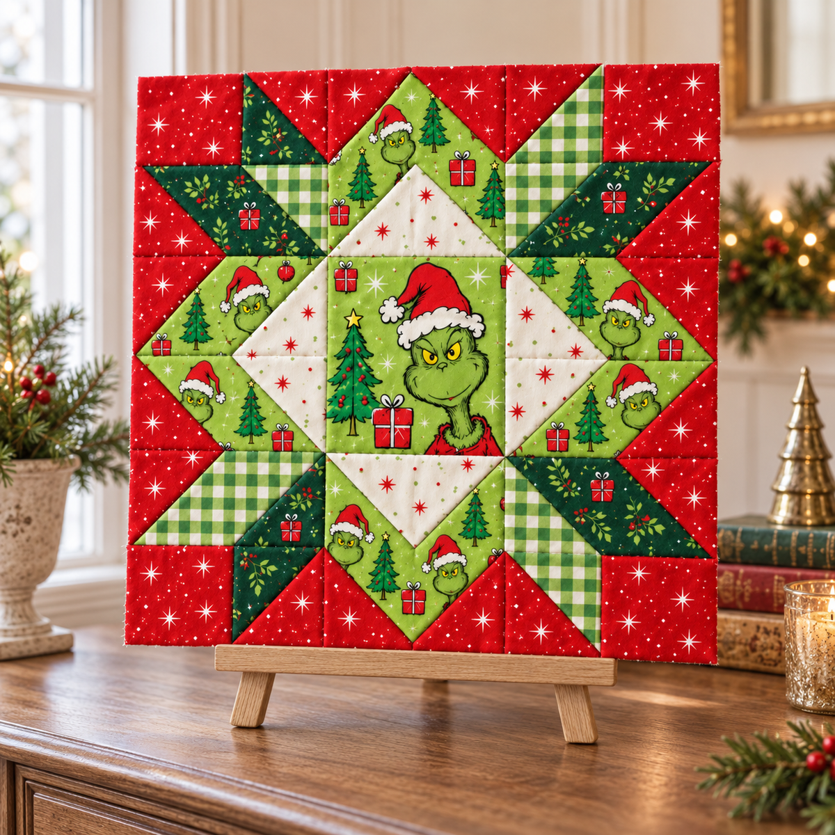 Jolly Mischief Christmas Star quilt block displayed on a wooden easel in a festive room. AI-generated fabric-styling illustration.