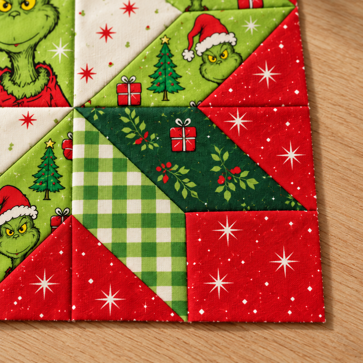 Close view of the gingham, forest green and red patchwork corner of the Jolly Mischief Christmas Star block. AI-generated fabric-styling illustration.