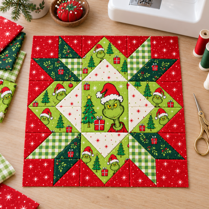 Jolly Mischief Christmas Star quilt block beside a sewing machine and coordinating fabrics. AI-generated fabric-styling illustration.