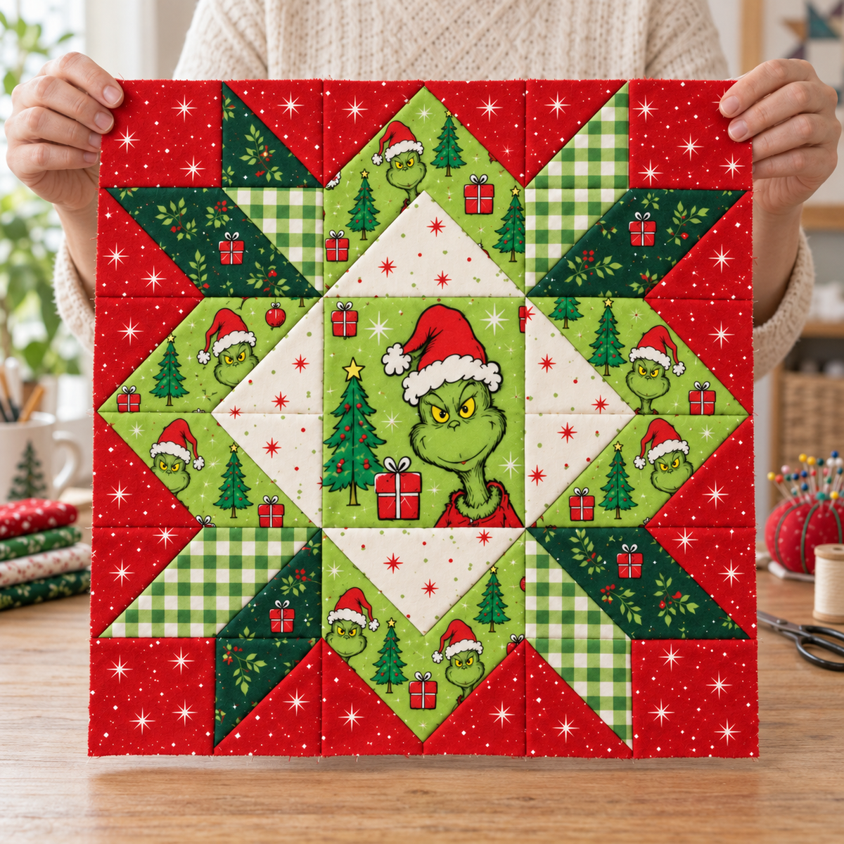 Hands holding the full Jolly Mischief Christmas Star quilt block in a bright sewing room. AI-generated fabric-styling illustration.