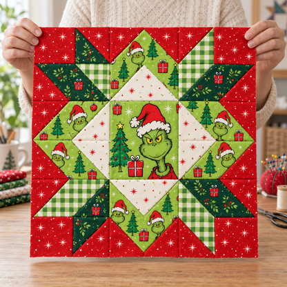 Hands holding the full Jolly Mischief Christmas Star quilt block in a bright sewing room. AI-generated fabric-styling illustration.