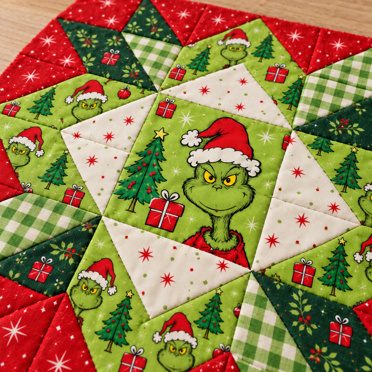 Close view of the Jolly Mischief Christmas Star center print and ivory triangle seams. AI-generated fabric-styling illustration.