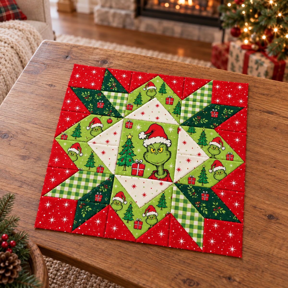 Jolly Mischief Christmas Star quilt block on a farmhouse coffee table with Christmas decor. AI-generated fabric-styling illustration.