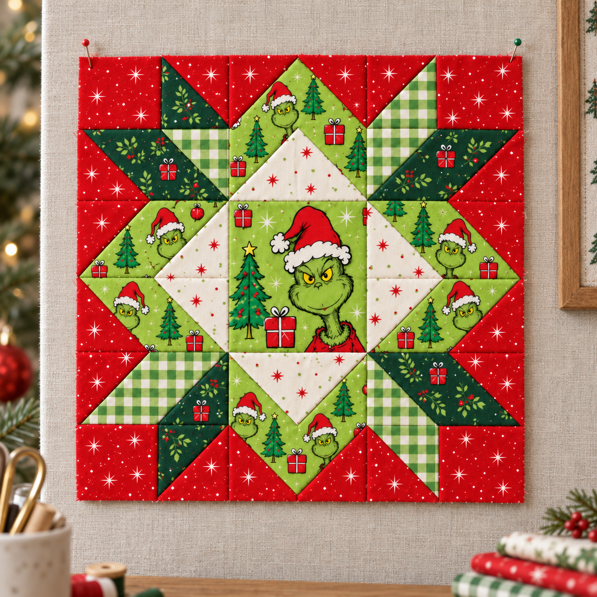 Jolly Mischief Christmas Star quilt block pinned flat to a cream design wall. AI-generated fabric-styling illustration.