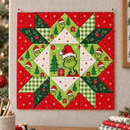 Jolly Mischief Christmas Star quilt block pinned flat to a cream design wall. AI-generated fabric-styling illustration.