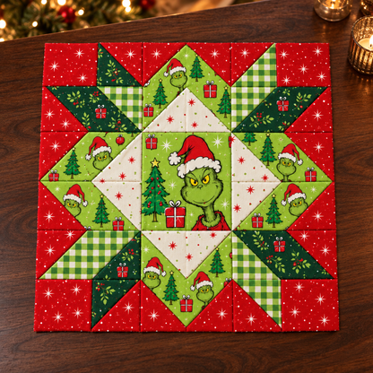 Jolly Mischief Christmas Star quilt block on a walnut table in warm candlelight. AI-generated fabric-styling illustration.