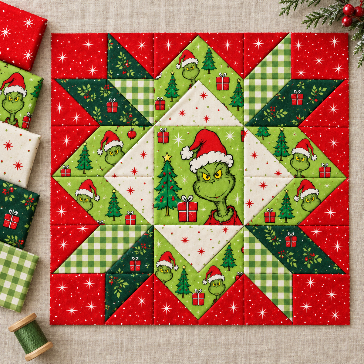 Jolly Mischief Christmas Star quilt block with coordinating red, green, ivory and gingham fabrics. AI-generated fabric-styling illustration.