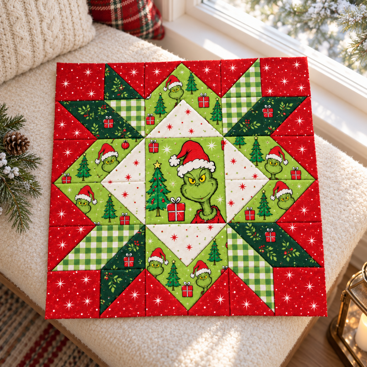 Jolly Mischief Christmas Star quilt block on a cream bench beside a winter window. AI-generated fabric-styling illustration.