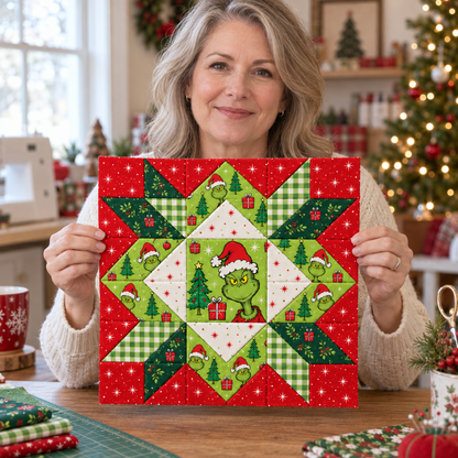 Woman in a cream sweater holding the Jolly Mischief Christmas Star quilt block. AI-generated fabric-styling illustration.