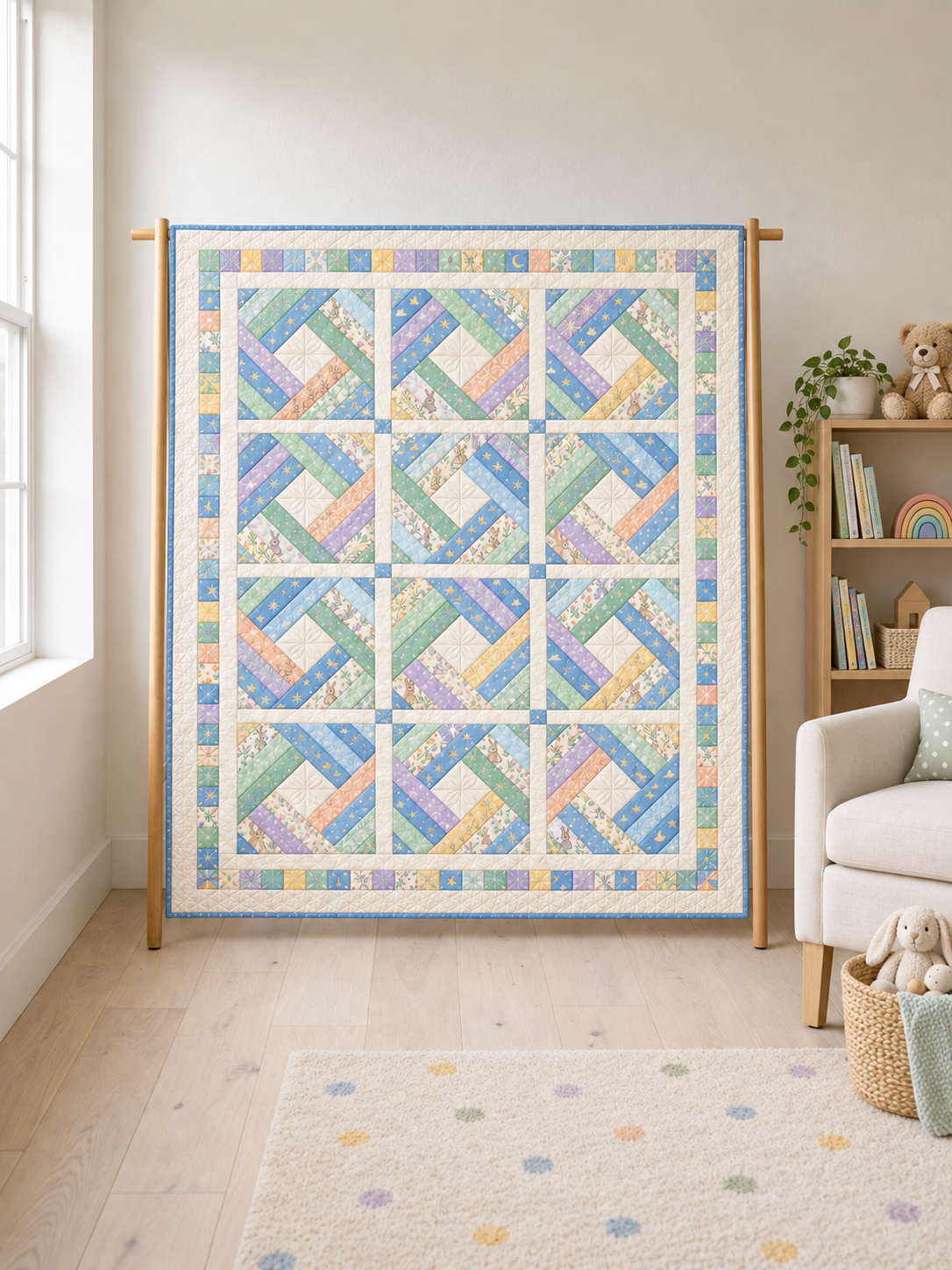 Little Dreams Diamond pastel quilt on an oak stand in a softly styled children's room