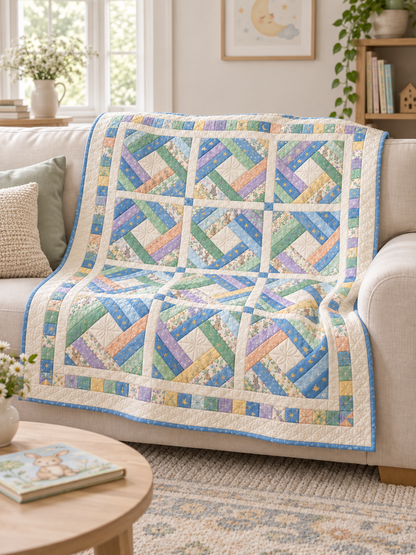 Pastel diamond log cabin quilt draped over a cream sofa
