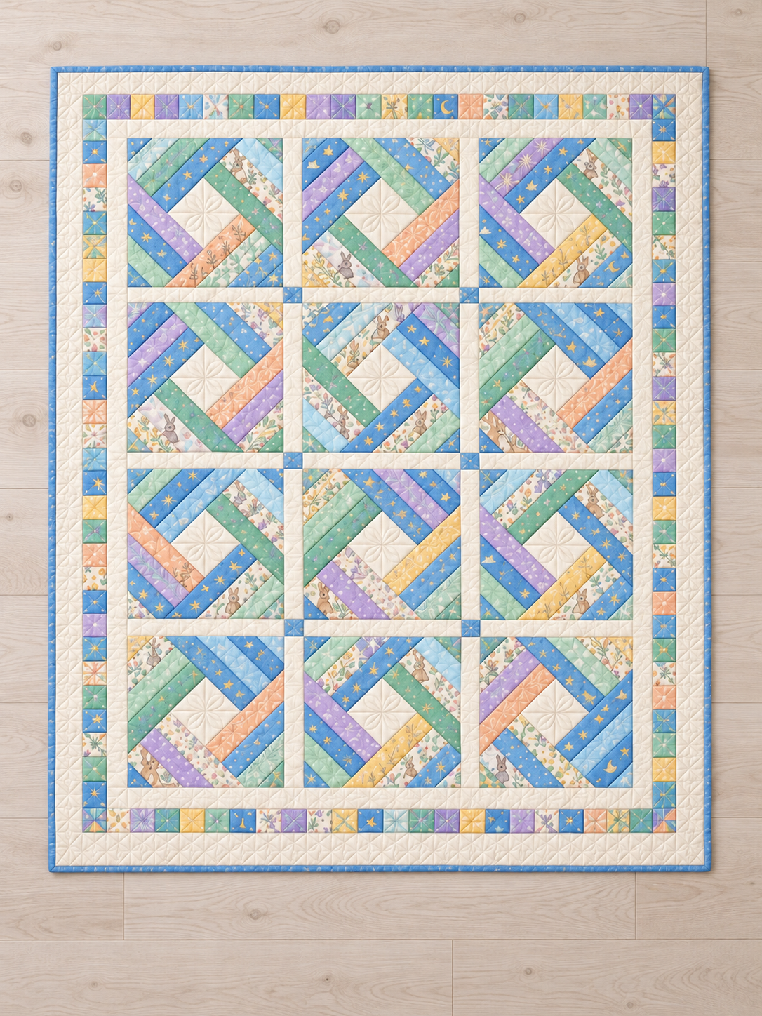 Overhead view of twelve diamond log cabin blocks with ivory sashing and a pastel pieced border