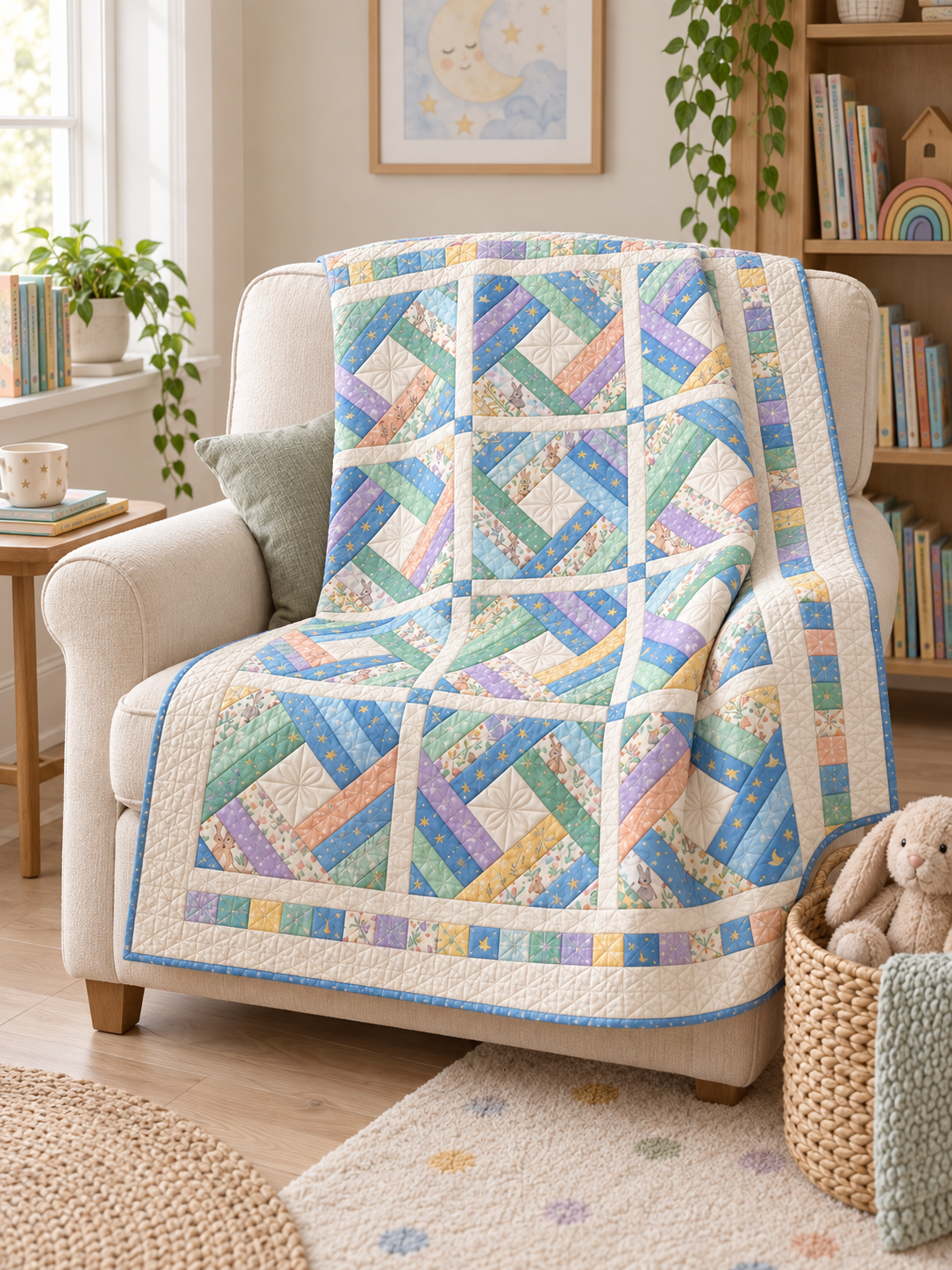 Little Dreams Diamond quilt draped over a cozy reading chair