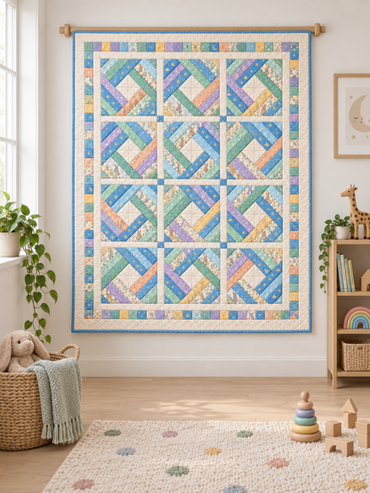Pastel diamond quilt displayed on a playroom wall