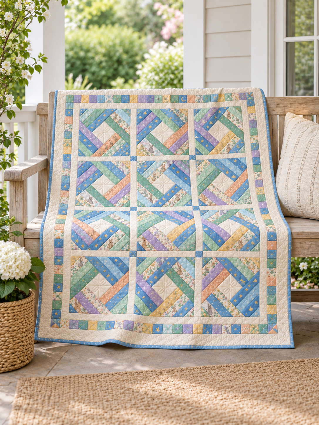 Little Dreams Diamond quilt on a sheltered garden bench