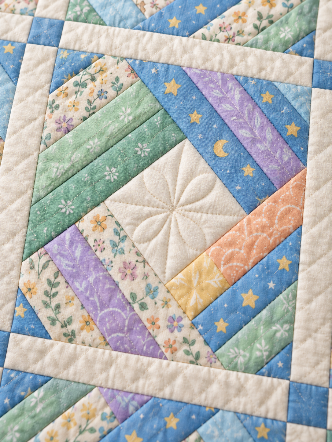 Close-up styling illustration of an ivory-centered pastel diamond block and quilting