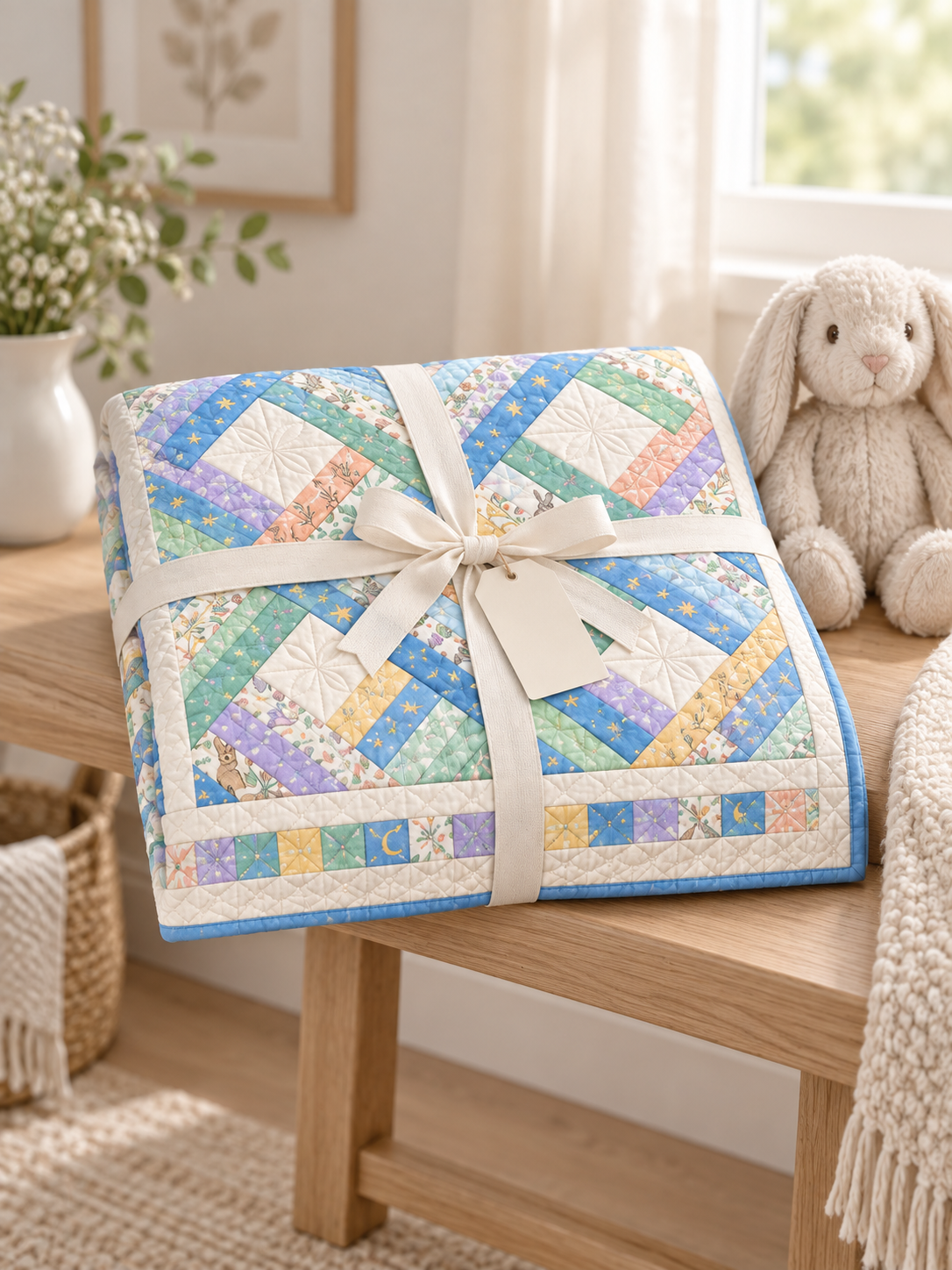 Folded Little Dreams Diamond quilt styled as a handmade gift
