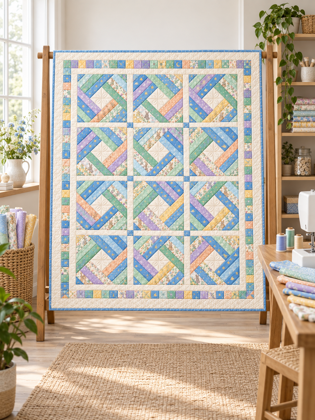 Little Dreams Diamond quilt displayed in a bright sewing studio
