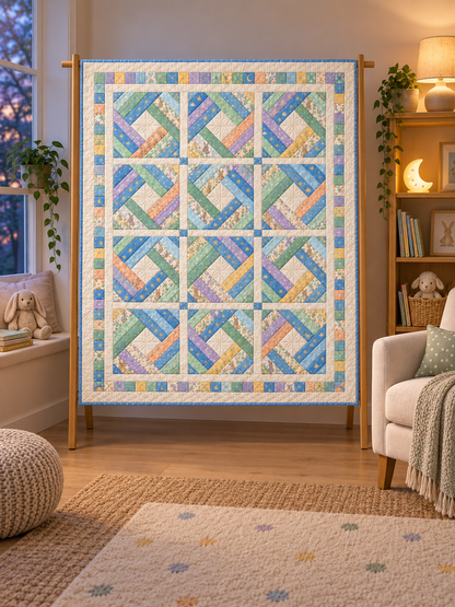 Pastel diamond log cabin quilt in a softly lit storytime room