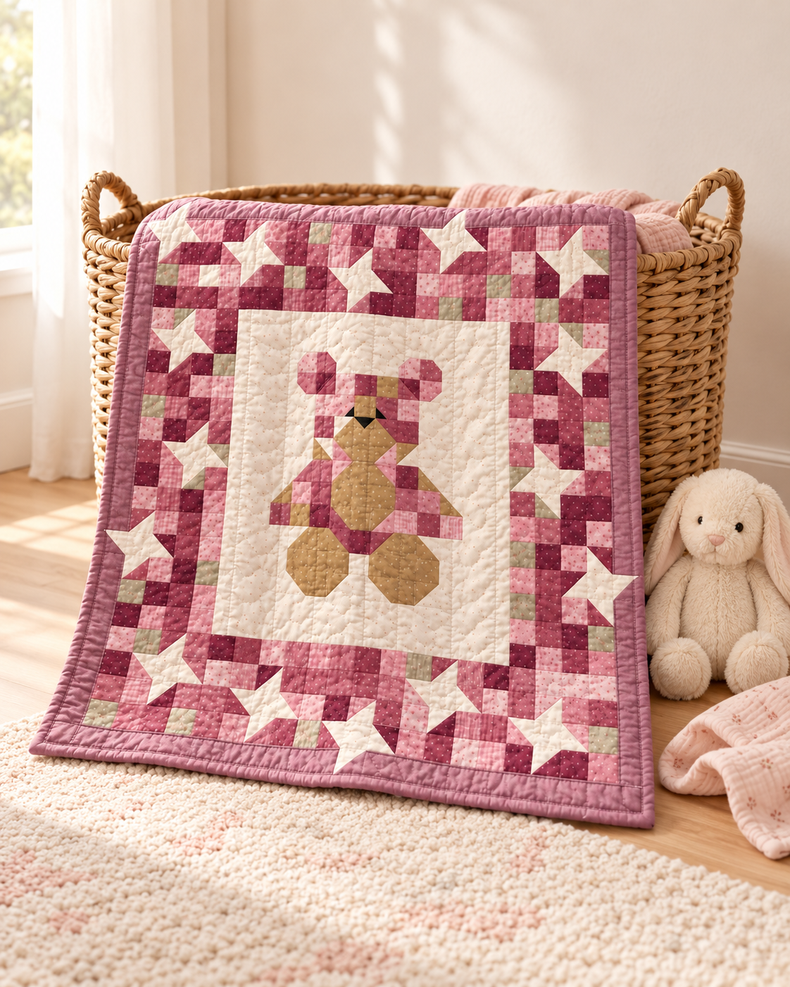 Teddy bear and stars baby quilt resting against a woven basket with a plush bunny