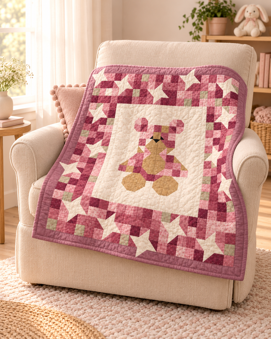 Pink patchwork teddy quilt draped over a cream nursing chair
