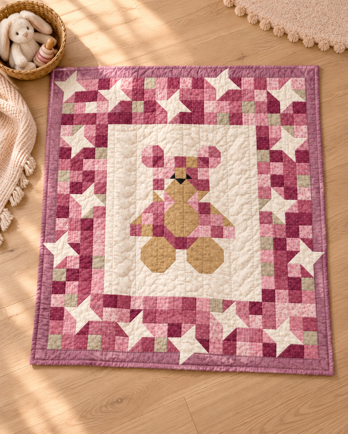 Teddy bear baby quilt laid on a wooden nursery floor as a play mat, beside a basket of soft toys