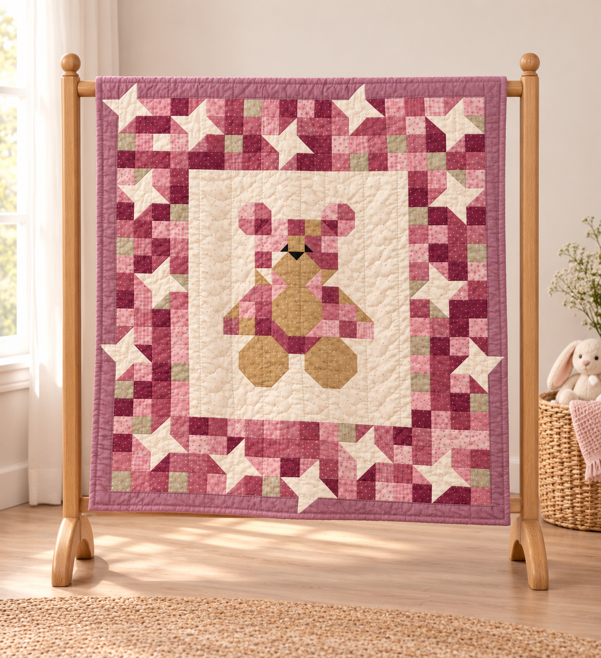 Pink teddy bear baby quilt on a light wooden stand next to a basket with a plush bunny