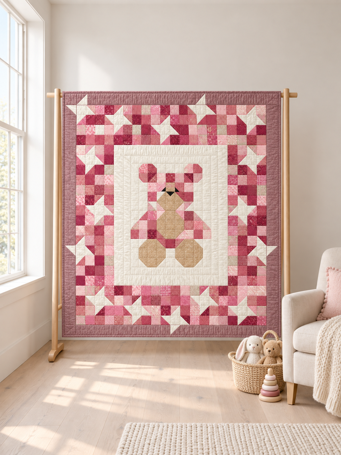 Pink teddy bear and stars baby quilt hanging on a wooden quilt stand in a bright nursery