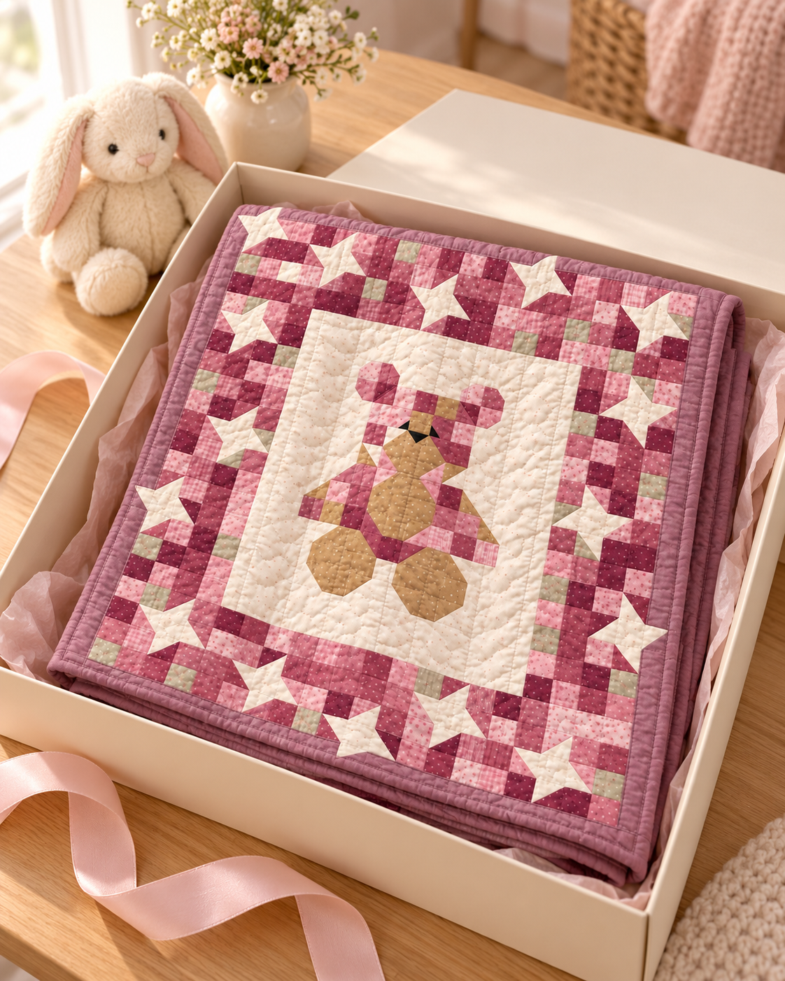 Pink teddy bear baby quilt folded in a gift box with pink ribbon, a handmade baby shower gift idea