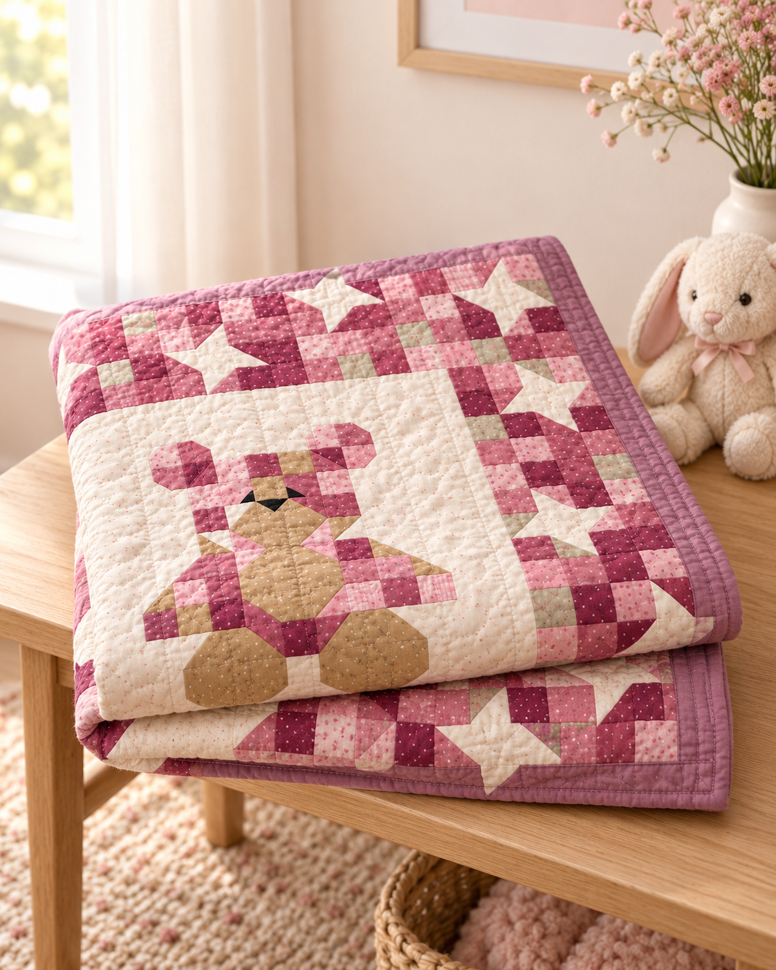 Folded pink teddy bear baby quilt on a wooden bench beside a plush bunny and flowers