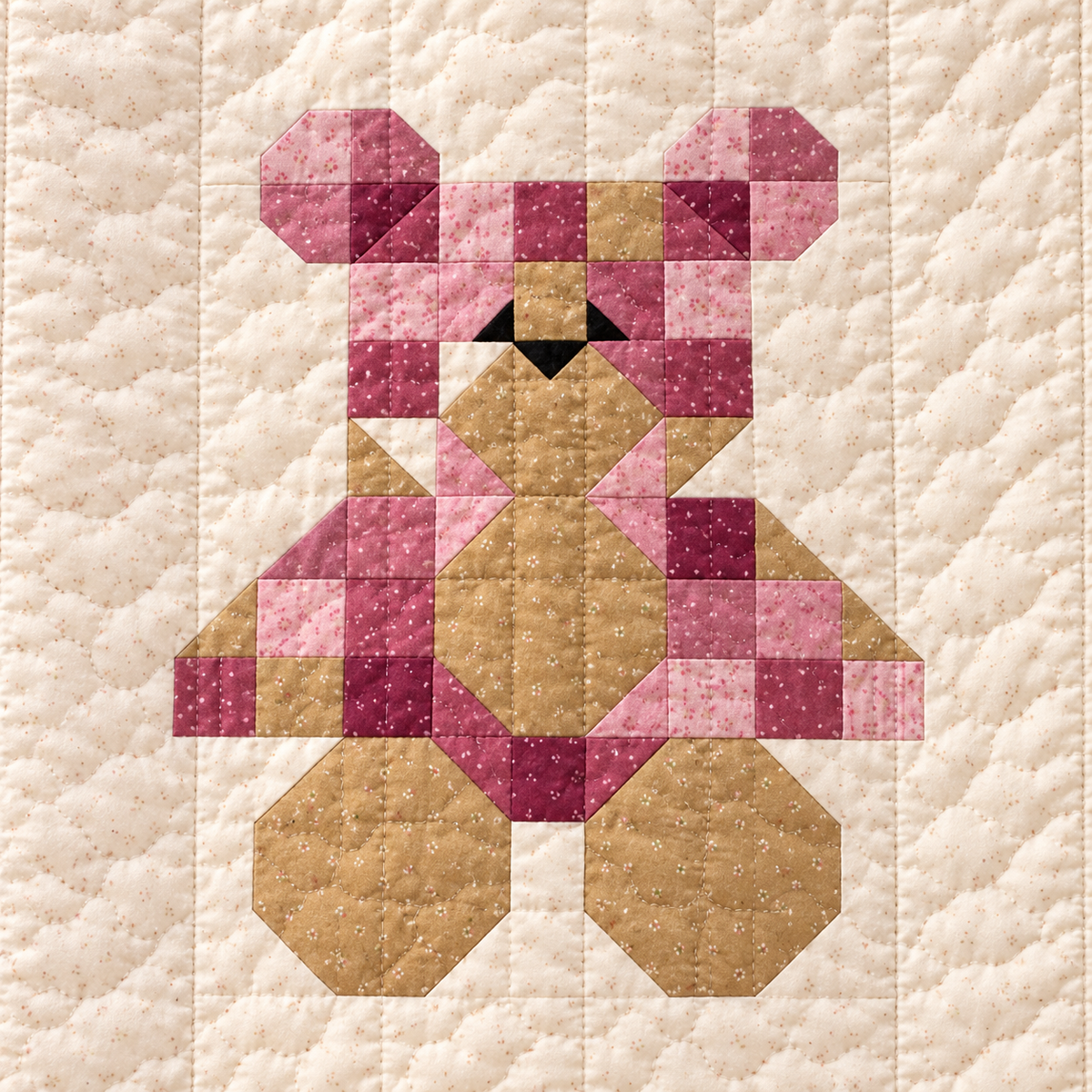 Close-up of the patchwork teddy bear made of pink and tan squares and triangles, with a little black nose