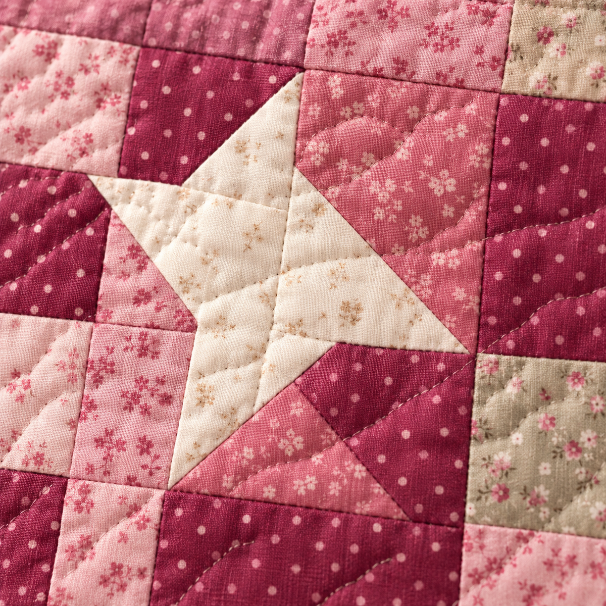 Close-up of an ivory star in the pink patchwork frame, with quilting stitches