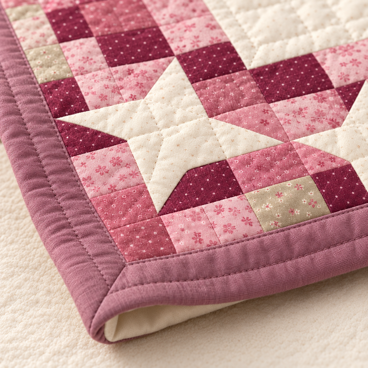 Quilt corner with pink squares, an ivory star and mauve binding