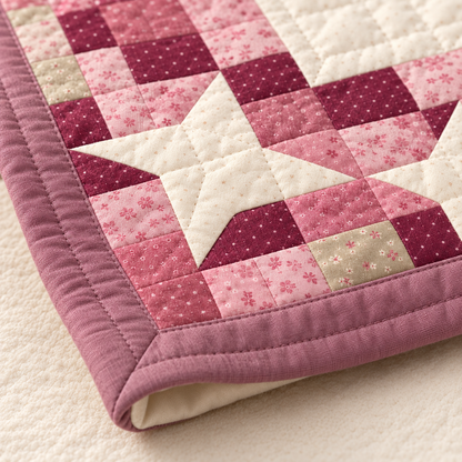 Quilt corner with pink squares, an ivory star and mauve binding