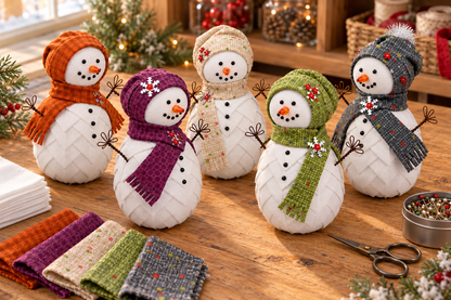 Folded fabric snowman ornaments on a craft table with fabric squares and scissors, foam egg ornament project