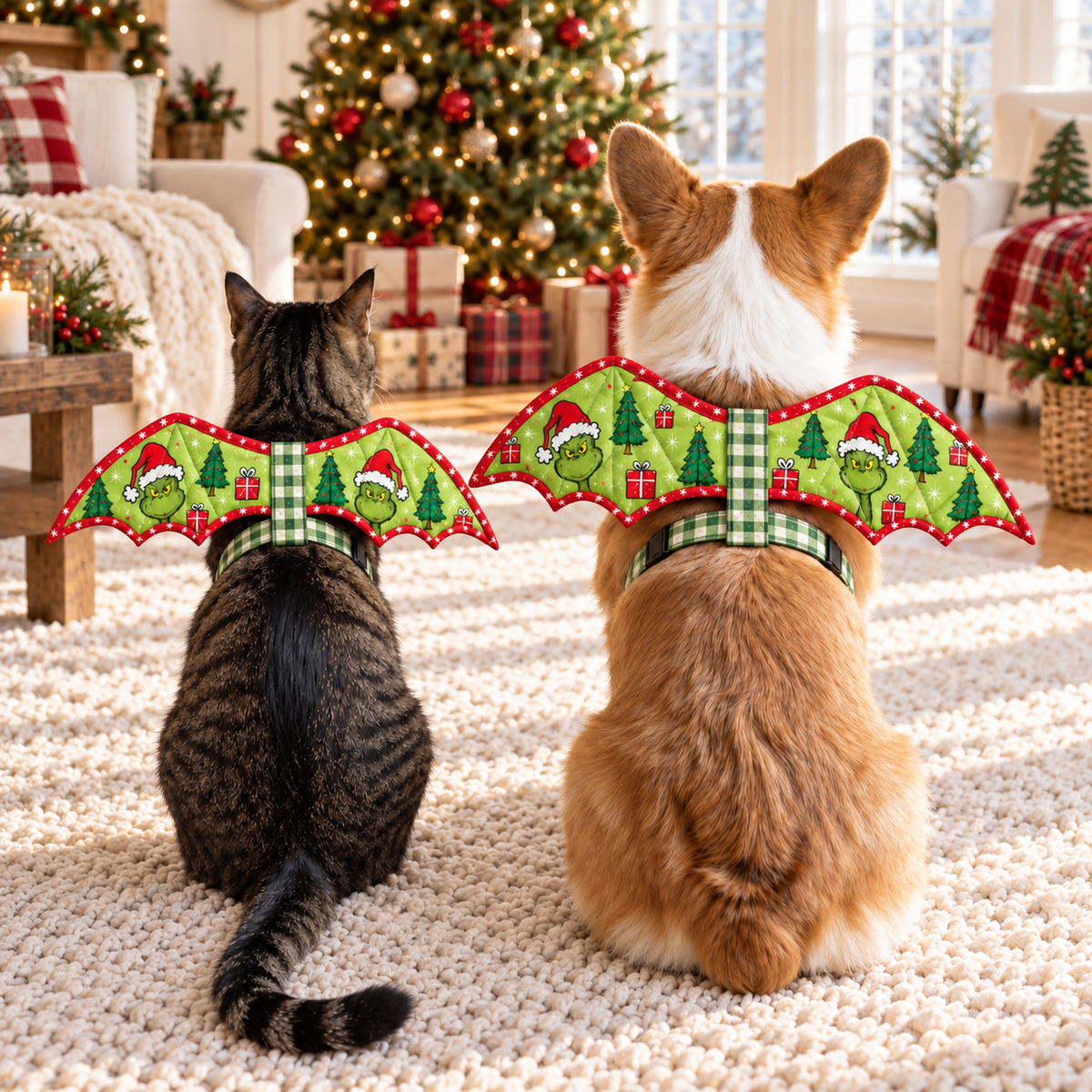 Tabby cat and corgi wearing lime-green Christmas bat wings with red star binding and gingham straps, festive living room. AI-generated fabric-styling illustration.