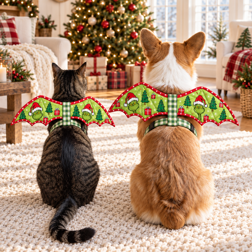 Tabby cat and corgi wearing lime-green Christmas bat wings with red star binding and gingham straps, festive living room. AI-generated fabric-styling illustration.
