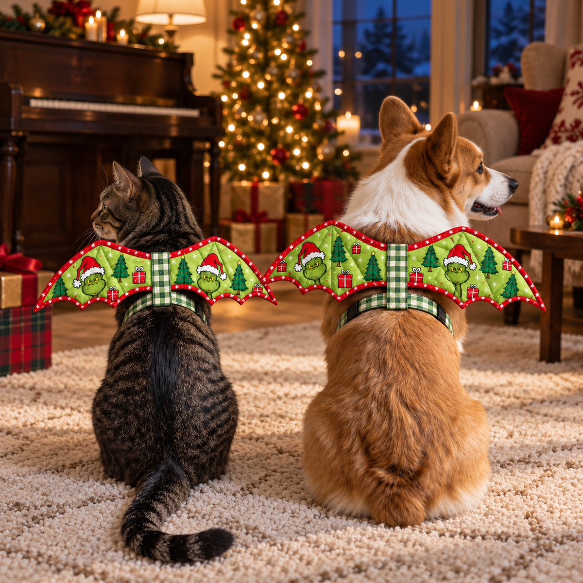 Matching Christmas bat-wing pet costumes on a cat and corgi in a blue-hour holiday room. AI-generated fabric-styling illustration.