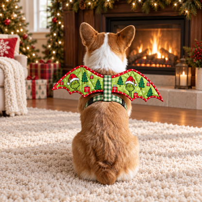 Corgi wearing the green Christmas bat-wing costume beside a festive fireplace. AI-generated fabric-styling illustration.
