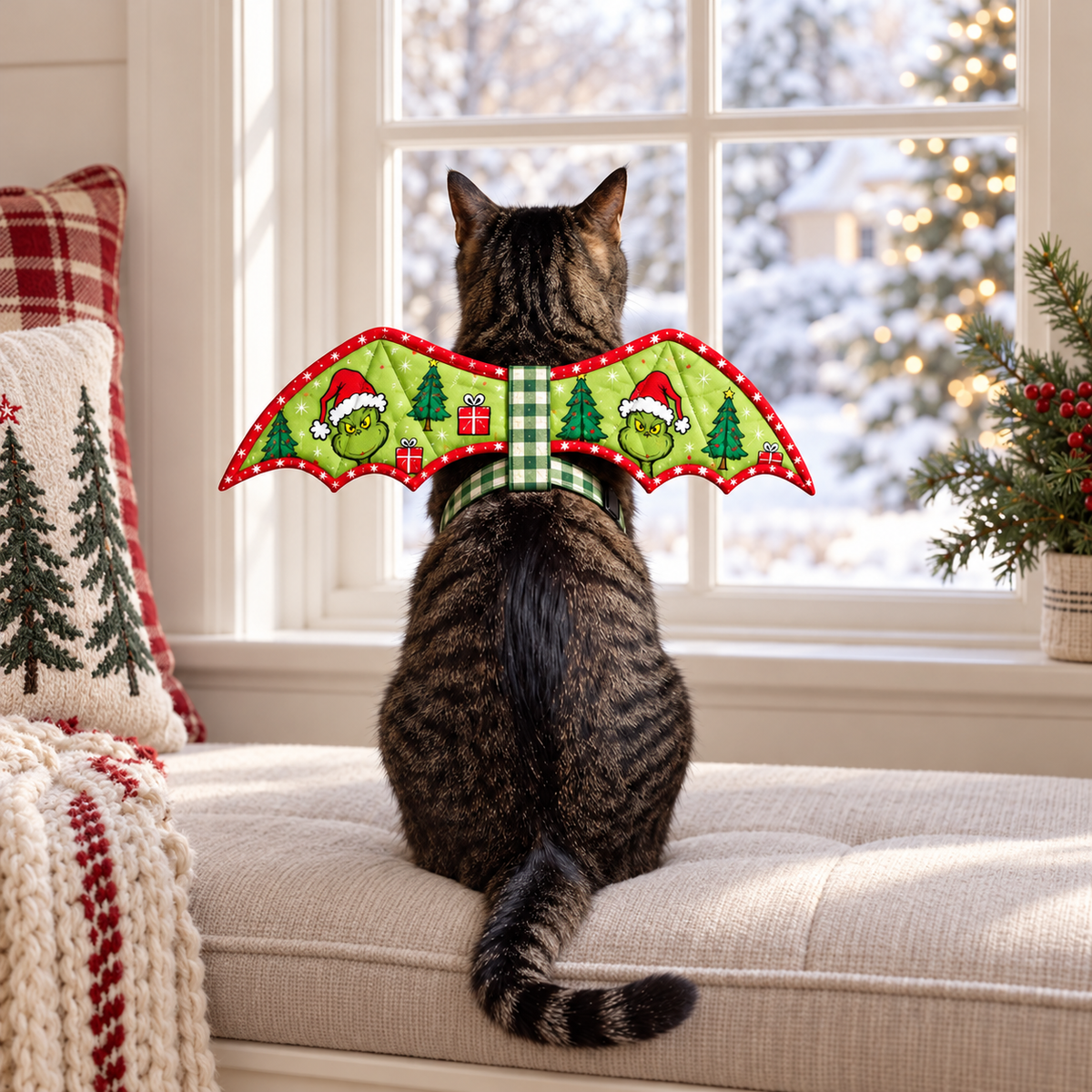 Tabby cat wearing the green Christmas bat-wing costume by a holiday window. AI-generated fabric-styling illustration.