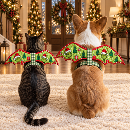 Cat and corgi showing the red-bound green Christmas bat wings in a festive foyer. AI-generated fabric-styling illustration.