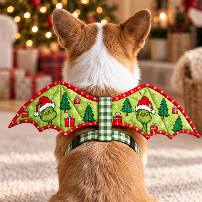 Close-up of the corgi's lime-green quilted wing panels, red star binding and gingham center strap. AI-generated fabric-styling illustration.
