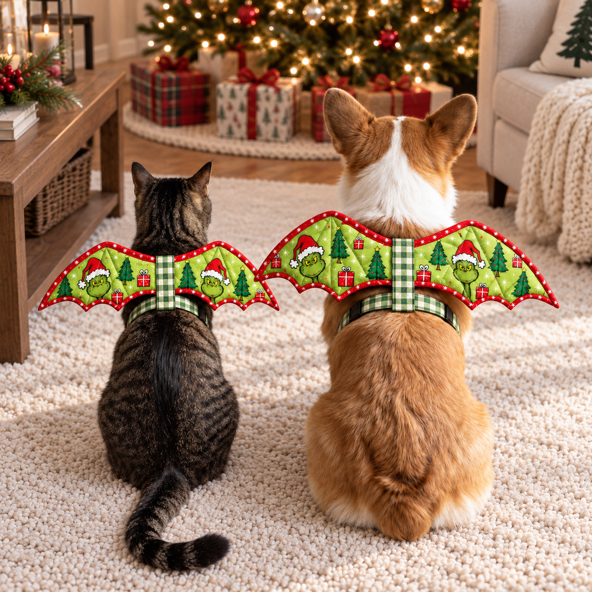 Elevated rear view of the cat and corgi wearing matching green holiday bat wings. AI-generated fabric-styling illustration.