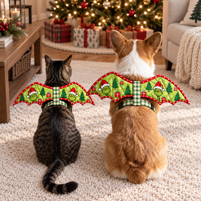 Elevated rear view of the cat and corgi wearing matching green holiday bat wings. AI-generated fabric-styling illustration.