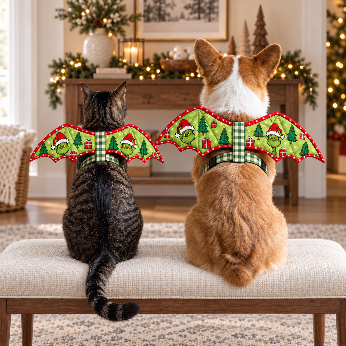 Cat and corgi wearing green Christmas bat-wing costumes on an ivory bench. AI-generated fabric-styling illustration.