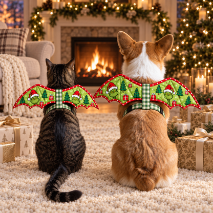 Cat and corgi wearing Christmas bat-wing costumes among gifts near a fireplace. AI-generated fabric-styling illustration.