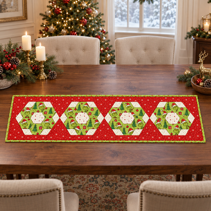 Merry Mischief Christmas table runner with four red and lime-green hexie medallions on an elegant walnut dining table
