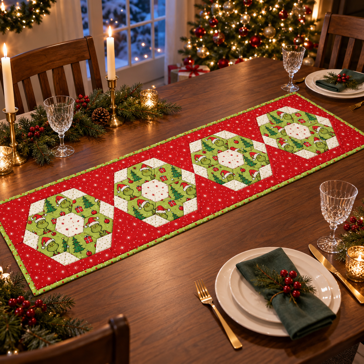 Merry Mischief Christmas table runner in a warm candlelit holiday dining setting